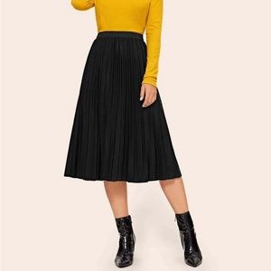 Shein Black Metallic Pleated Midi Skirt w/ Elastic Waist